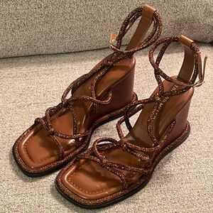 NEW Tamara Mellon Brown Bronze Strappy Chunky Wedge Sandals